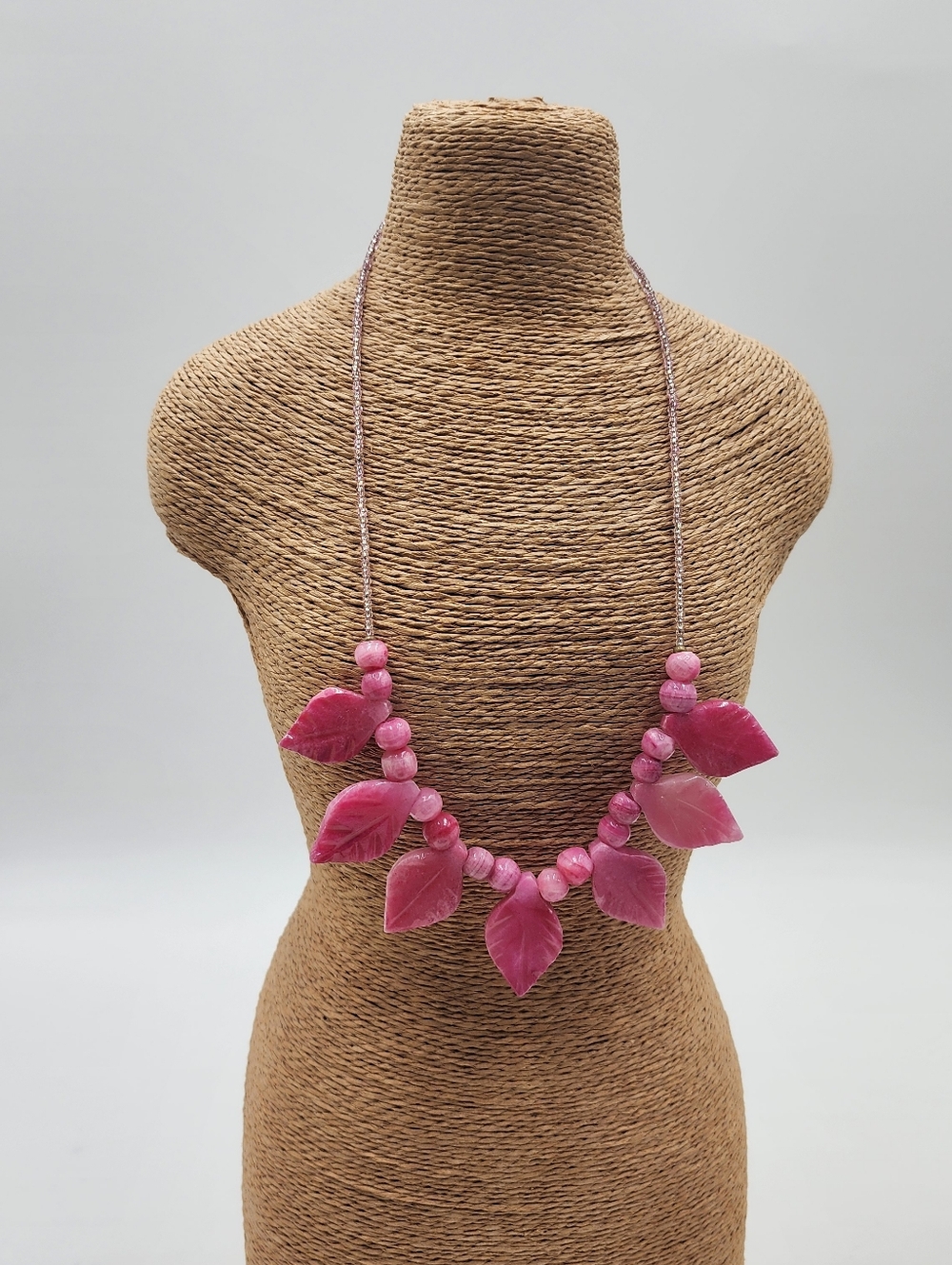 Pink Leaf Carved Stone Necklace  Screw Barrel Clasp